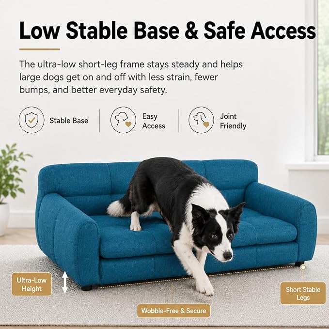 51"×28" Large Dog Sofa, for Large & Extra Large Dogs | Detachable Cushion | Reinforced Low Base|Non-Sagging |Breathable Linen Fabric | Soft Cushion | Armrest & Backrest | Blue