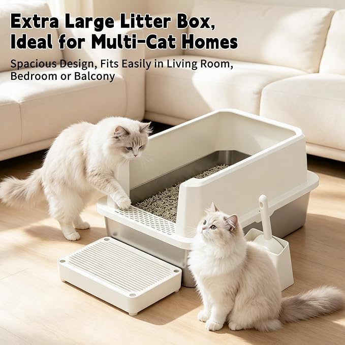 RIZZARI Stainless Litter Box Semi-Closed: Odorless, Large, Easy Clean | High Splash Guard / Non-Stick Steel Pan / 20L Capacity / Raised Step / Fits Any Room / Multi-Cat Use