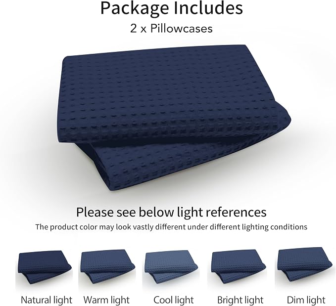 100% Egyptian Cotton 600 TC Waffle Weave Pillowcases King Size 2 Pack | Ultra Soft Pillow Shams with Envelope Closure, Breathable Skin-Friendly Decorative Bed Pillow Case, Navy Blue, 20"x36"