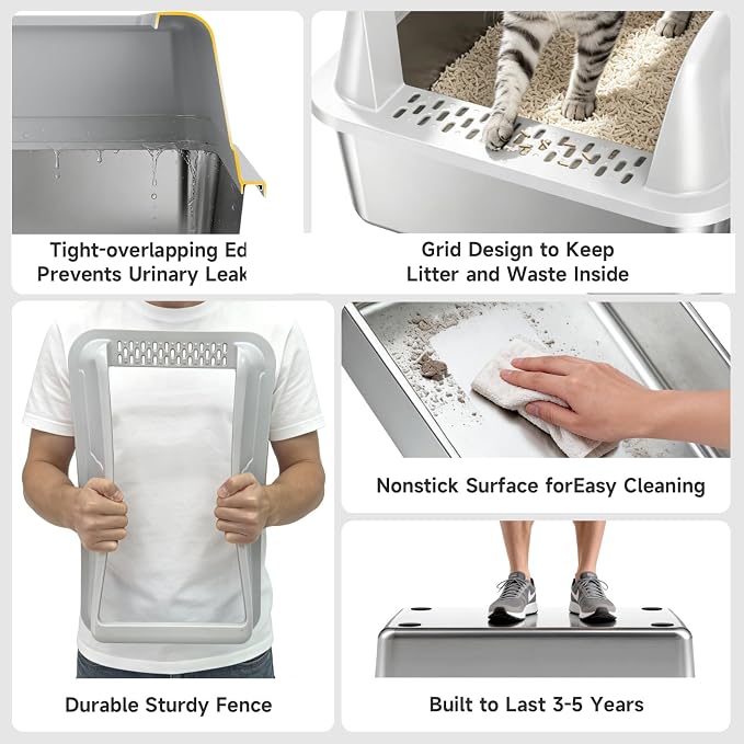 High-Sided Stainless Steel XL Cat Litter Box for Cats | High-Sided Design Prevents Urine Leakage,Non-Stick,Easy to Clean,Includes Scoop,Gray