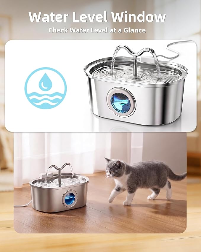 3.2L/108oz Stainless Steel Cat Water Fountain Pet Fountain | Automatic Pet Water Dispenser - Self-Designed Filtration System - Ultra-Quiet Pump - Easy Cleaning & Maintenance (3 Filters)