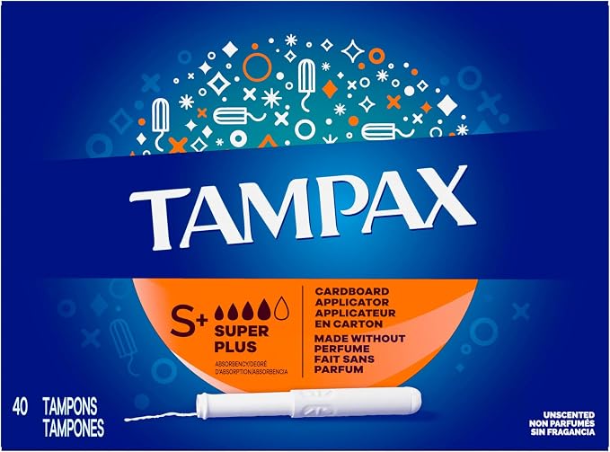 Tampax Cardboard Tampons for Women Super Plus Absorbency, Anti-Slip Grip, LeakGuard Skirt, Unscented, 40 Count
