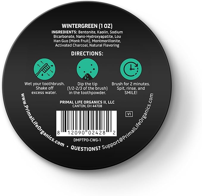 Primal Life Organics - Dirty Mouth Toothpowder, Activated Charcoal Tooth Cleaning Powder, Essential Oils Natural Kaolin & Bentonite Clay, 200+ Brushings Organic Vegan (Charcoal Wintergreen, 1 oz)