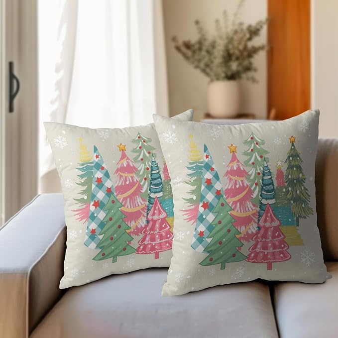 Kawani Xmas Tree Throw Pillow Covers 18x18 Inch Set of 2 Colorful Pink Green Farmhouse Winter Seasonal Cotton Linen Pillowcase for Bed Couch Sofa Patio Indoor Outdoor Home Decor