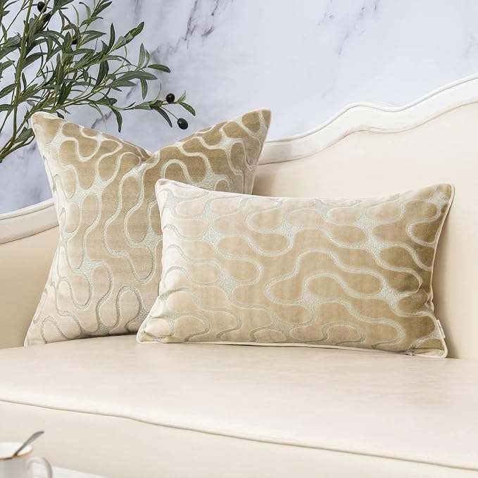 Beige Square Throw Pillow Cover Wavy Velvet Cushion Cover Modern Zippered Pillowcase for Sofa Couch Bedroom Living Room Chair, 18 x 18 Inch