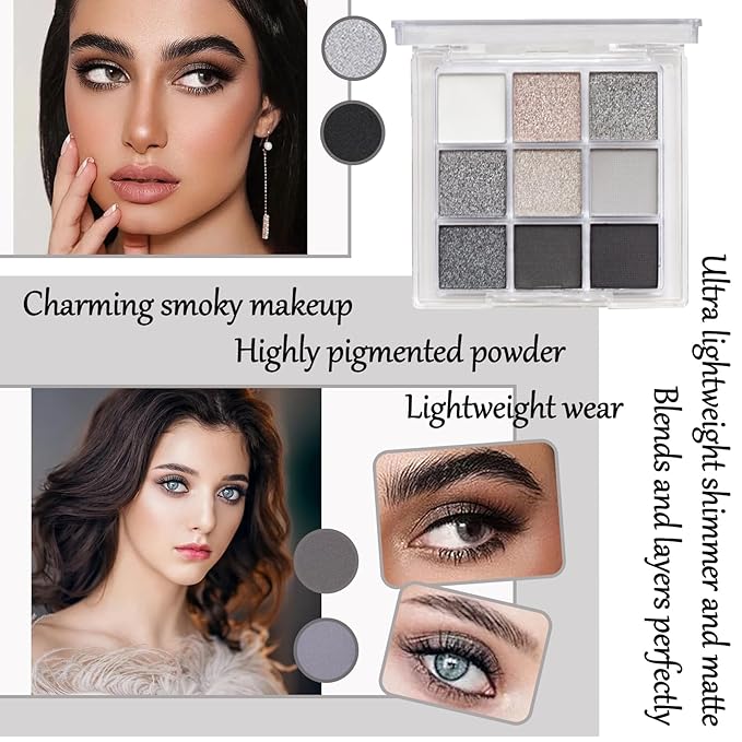 Black Grey Smoky Eyeshadow Palette,15 Colors Matte Shimmer Pigmented Eye Shadow Makeup Palette Set with 3 Eyeshadow Brushes,Glitter Eye Shadow Palette for Daily Halloween Goth Makeup(D)