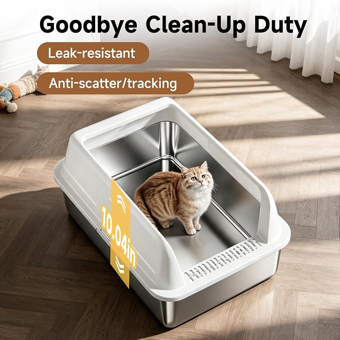 High-Sided Stainless Steel XL Cat Litter Box for Cats | High-Sided Design Prevents Urine Leakage,Non-Stick,Easy to Clean,Includes Scoop,White