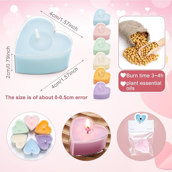 Honoson 12 Pack Valentine's Day Heart Tea Lights Candles Heart Tea Light Natural Wax Scented 6 Scents Conversation Candles for Spring Easter Wedding Engagement Gifting Aromatherapy Anniversary Decor