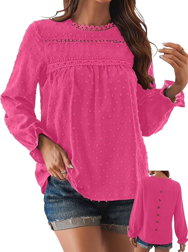 Womens Boho Tops Long Sleeve Shirts For Women Cute Crewneck Blouse Dressy Casual Swiss Dot Crochet Hollow Top 2026