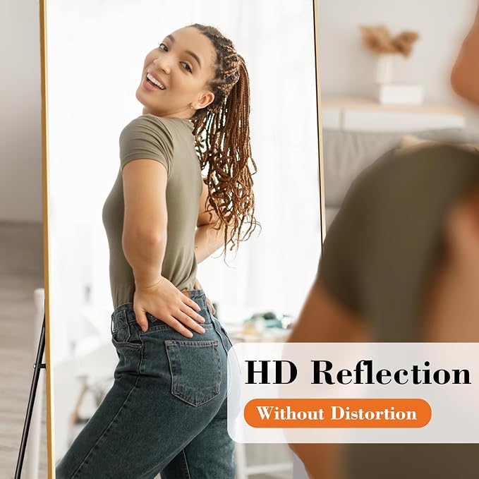 DUMOS 24"x65" Full Length Floor Mirror, Full Body Mirror | Standing Aluminum Frame, Bedroom Body Hanging Leaning, Living Room Cloakroom Home Decor, Gold