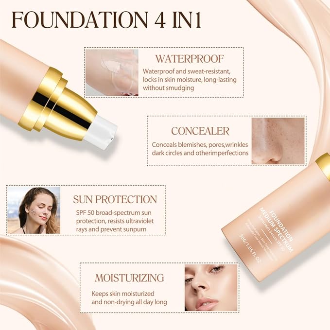 4-in-1 Foundation with SPF 50 - Color Changing, Full Coverage Liquid Makeup