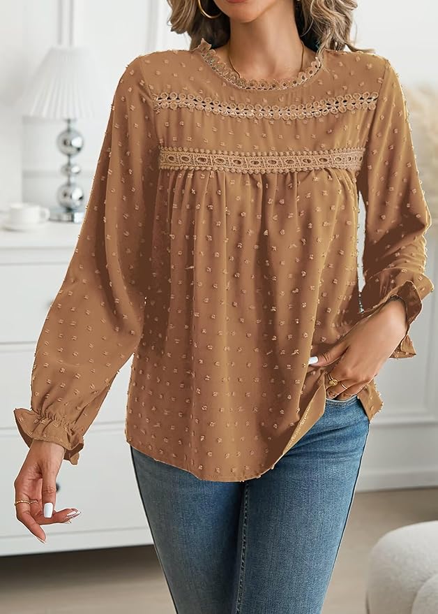 Womens Boho Tops Long Sleeve Shirts For Women Cute Crewneck Blouse Dressy Casual Swiss Dot Crochet Hollow Top 2026