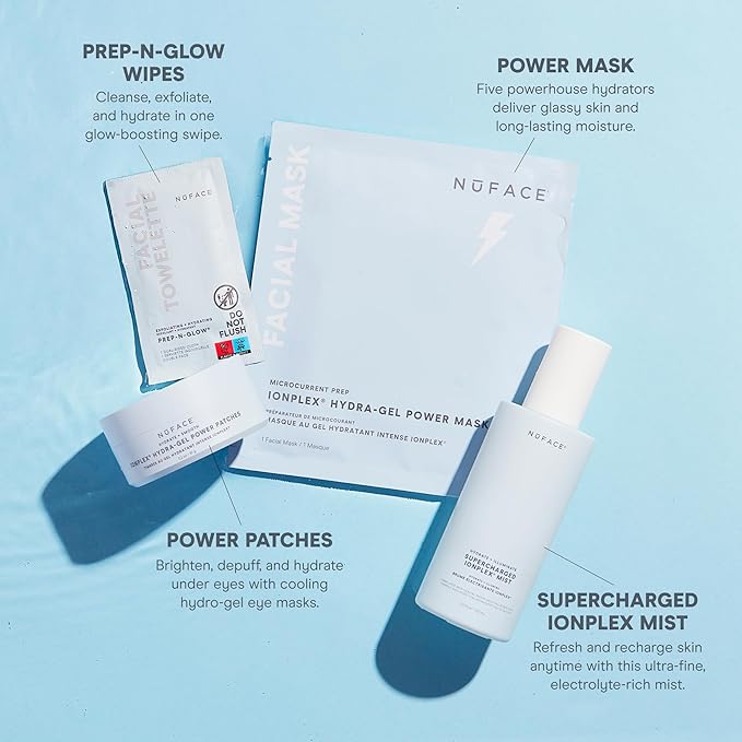 NuFACE Prep-N-Glow Facial Towelettes - 2-in-1 Exfoliating + Cleansing Makeup Remover Wipes, Hyaluronic Acid Travel Face Wipes to Hydrate & Brighten for Glowing Skin - 20 Individually Wrapped Cloths