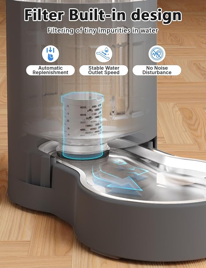JUNSPOW Cat Water Dispenser with Filter and Stainless Steel Bowl (4L Grey) | Automatic Gravity Water Dispenser for Cats or Small Medium Size Dogs, Large Capacity, Easy to Clean