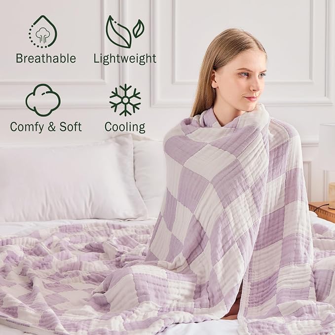 EMME Cooling Muslin Blanket for Adults - Checkered Lightweight Summer Cotton Throw Blankets of Rayon Derived from Bamboo for Hot Sleepers, Ultra Soft Breathable Gauze