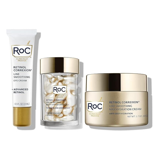 RoC Retinol Correxion Line Smoothing Eye Cream + Retinol Serum Capsules For Night + Max Hydration Crème With Hyaluronic Acid For Day, Skin Care Routine for Women and Men