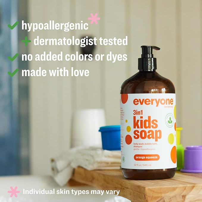 Everyone 3-in-1 Kids Soap, Body Wash, Bubble Bath, Shampoo, 32 Ounce (Pack of 2), Orange Squeeze, made with Essential Oils for Toddlers, Tweens and Teens