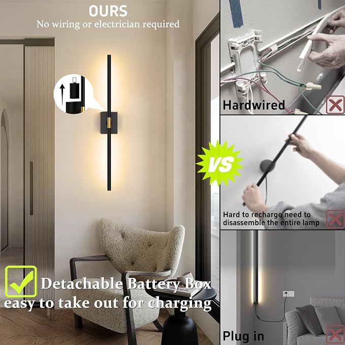 Battery Operated Wall Sconces Set of 2, 10000mAh, Black | Detachable rechargeable battery, 31.5" wireless lighting for TV wall mirror bedroom or living room decor