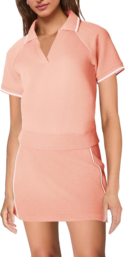 Womens Workout Sets 2 Piece Outfits V Neck Short Sleeve Polo Shirt and Tennis Skort Set with Pockets