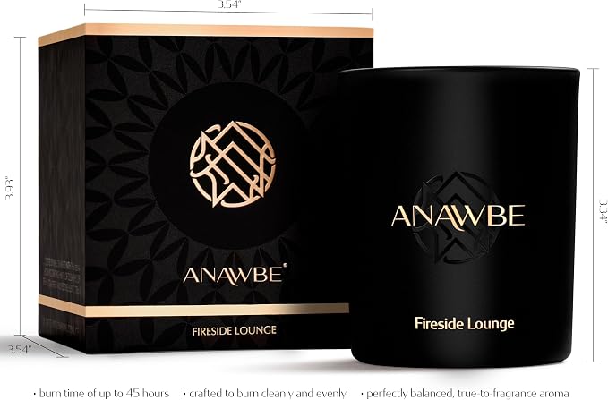 Fireside Lounge Scented Candle for Men - Soy, Black, Luxury Vessel & Gift Box - 45-Hour Long-Burning Premium Masculine Scent