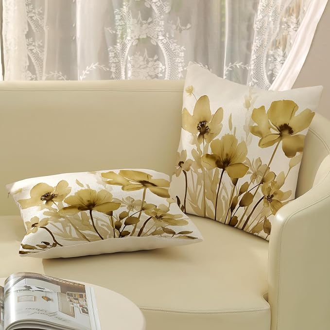 Spring Floral Pillow Covers 18x18 Inches Set of 2,Yellow Floral Throw Pillow Covers Outdoor Summer Flower Decoration Pillowcase Farmhouse Decorative Square Decor Cushion Cover for Couch Sofa