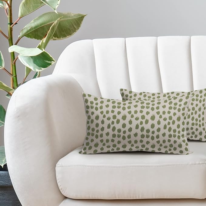 Sage Green Cream Pillow Covers 12x20 Set of 2 Boho Design Polka Dot Throw Pillows Modern Brush Strokes Print Decorative Outdoor Pillowcase Lumbar Cushion Cover Linen Pillow Case for Sofa Couch Bed