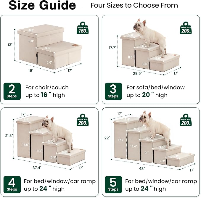 Love's cabin Dog Stairs for High Bed, Foldable Pet Stairs for Small Medium or Large Dogs Puppy with Storage for Bed or Couch, Cat Dog Steps Ramp with Zip up to 200 lbs, Beige, 5 Steps