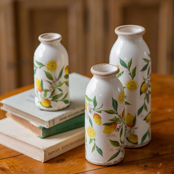 Teweiqi Vintage Vase Set of 3, Ceramic Flower Vases Decor, Rustic Farmhouse Vases Retro Decorative Vases, for Home Living Room Kitchen Table Mantle Shelf Decor - Lemon