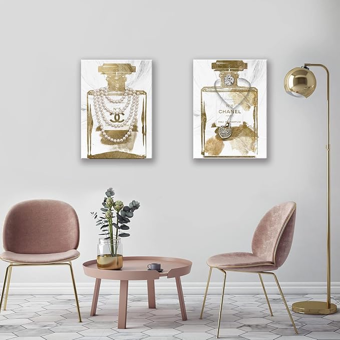 2 Pieces Vintage Perfume Bottle Wall Art Gold Canvas Pictures Wall Decor Modern Luxury Fashion Posters Print Glam Artwork Picture for Bedroom Make up Room Home Decor 12"x16"(30x40cm)