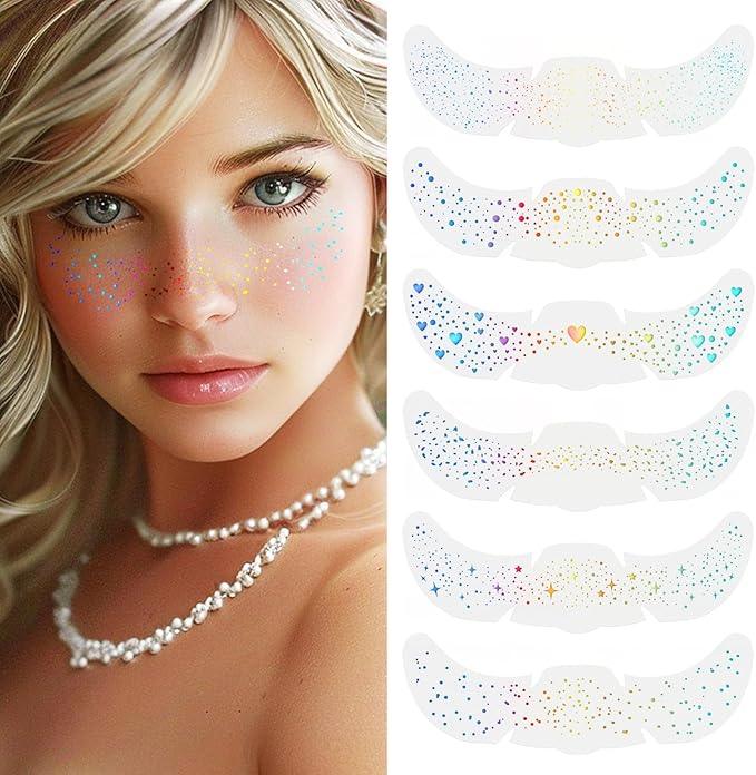 Glitter Freckles Face Tattoo, Holographic Color-Changing Makeup Tattoo Patches, Waterproof and Sweatproof Sparkle Speckles Patches for Women, Cute Star Temporary Freckles Makeup Accessories 6Pcs