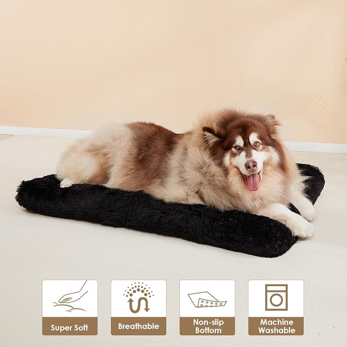 EHEYCIGA Fluffy Dog Crate Bed, Plush Extra Large Plus Dog Pillow, Black | Xlarge Calming Anti Anxiety Plush Faux Fur Mat for Large size dogs, Washable Soft Warm Plus Dog Pad with Non-Slip Bottom