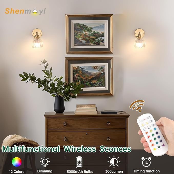 Shenmoyl Vintage Battery Operated Wall Sconce with Clear Tulip Glass Lampshade 5000 mAh Rechargeable Battery Powered Wall Light with Remote Control for Bedside Bedroom Doorway, Set of 2