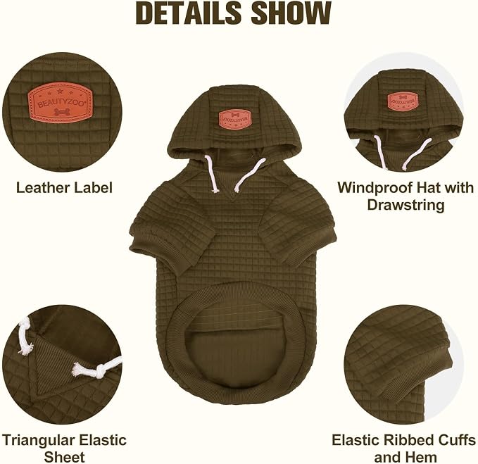 BEAUTYZOO Dog Hoodies Sweater for Medium Dogs, Waffle‑Like Laminated Coat | Warm Dog Sweatshirt with Pocket & Leash Hole, Pullover Clothes for Girl Boy Dogs, Stretchy & Easy‑On‑Off, Bulldogs Pitbulls