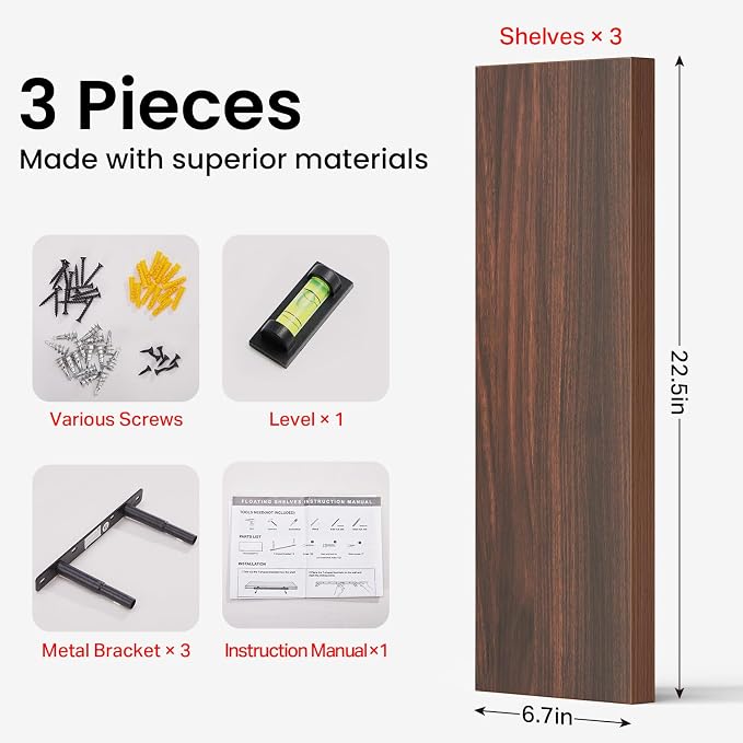 BAYKA Walnut-Like Floating Shelves 22.5in, 3Pack, Wall Mounted Wall Decor | Easy Install, 22lbs Max Load, Hidden Bracket, Shelf for Bathroom Bedroom Kitchen Books Display Storage, Multi-Wall Compatible