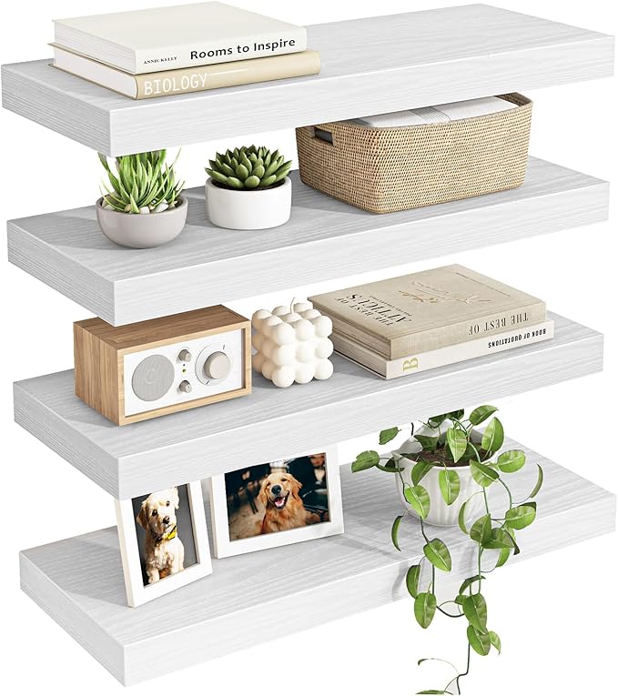 Fixwal Floating Shelves for Wall Decor (White, Set of 4, 15.7 Inch) | MDF Shelves with Metal Brackets, Space Saving for Books, Decor, Works in Bathroom, Kitchen, Living Room, Bedroom