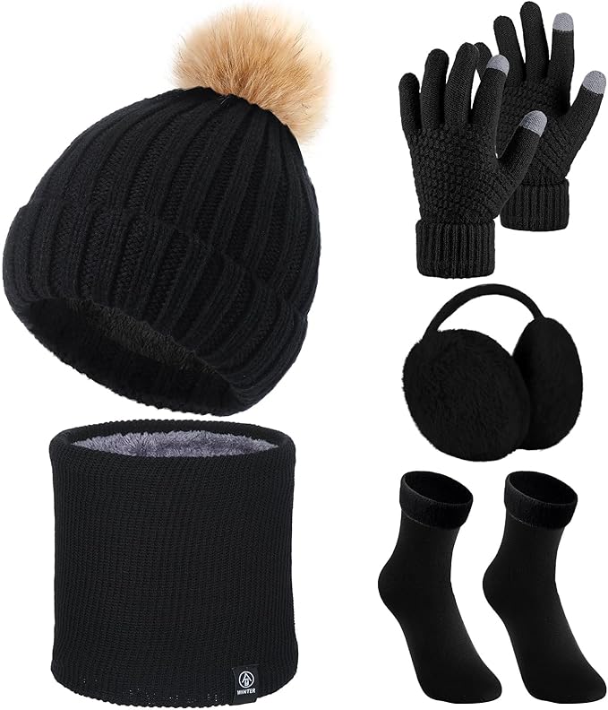 SATINIOR 5 Pcs Winter Hat Scarf Gloves Set Fleece Warm Lined Knit Beanie Hat Touch Screen Earmuff Gloves Warmer for Women(Black,Cool Style)