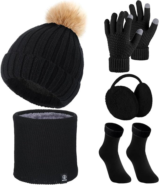 SATINIOR 5 Pcs Winter Hat Scarf Gloves Set Fleece Warm Lined Knit Beanie Hat Touch Screen Earmuff Gloves Warmer for Women(Black,Cool Style)