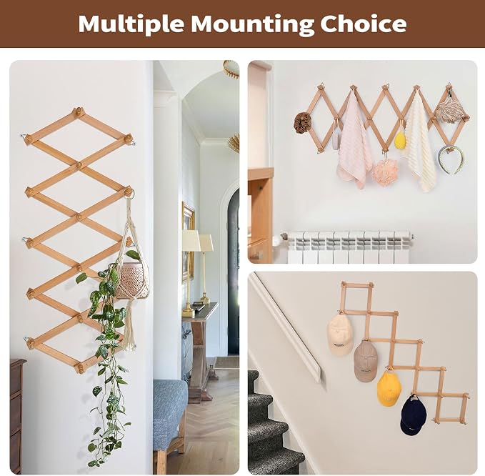 SCUNDA Wall Rack with 16 Hooks, Wooden Wall Expandable Coat Rack for Coat, Hats, Baseball Caps, Coffee Mug, Jewelry(Natural)