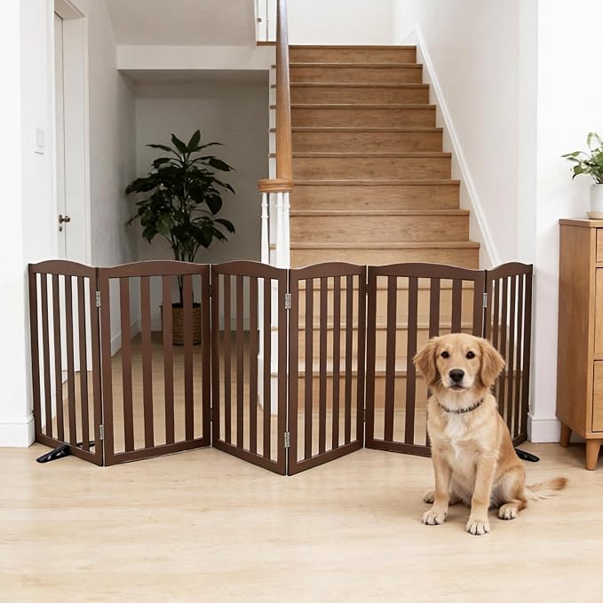 ZJSF Foldable Freestanding Indoor Dog Gate for House Wood Long Pet Gates Dog Fence for Stairs Puppy Gates for Hallways, Puppy Gate,Support Feet Included, Brown, 32 "Height-6 Panels