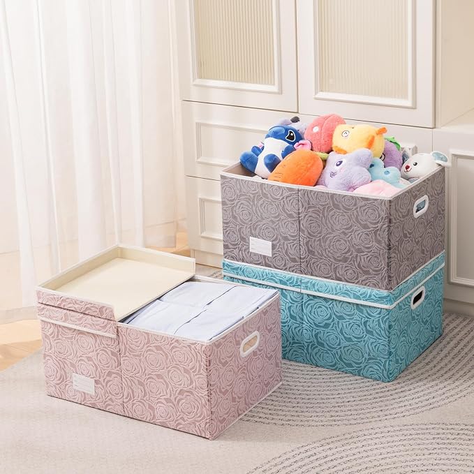 Jumbo Collapsible Storage Cubes with Lids Fabric Decorative Storage Bins Boxes Organizer Baskets with Cover Handles for Bedroom Closet Living Room 23.2x15.7x11.8 Inch 3 Pack
