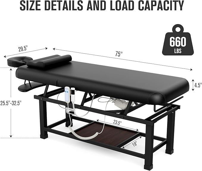 Dolonm Heating Function 30 Wide x 75 Long Heavy Duty Electric Stationary Massage Table with Backrest Adjustable and Storage Space for Treatment/Medical Spa/Facial/Beauty/Massage Bed and More - Black