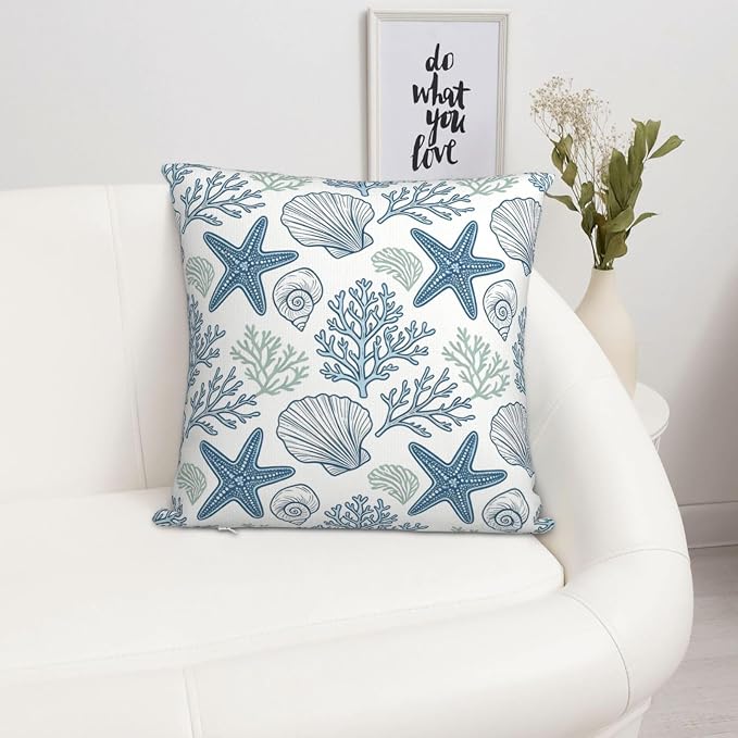 Coastal Starfish Shell Throw Pillow Covers 18x18 Set of 2 Nautical Beach Square Cushion Cases