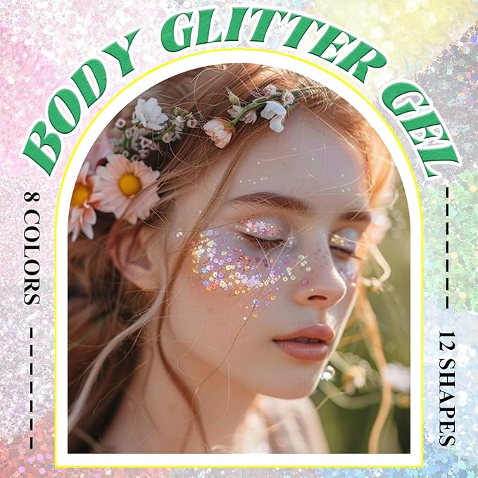 Body Glitter Face Glitter, Hair Glitter for Kids, 12 Shapes Fine Chunky Glitter Gel for Women Girls Makeup Sparkles Party Mermaid Sequins Rave Accessories Singer Concerts Festival (6 Colors)