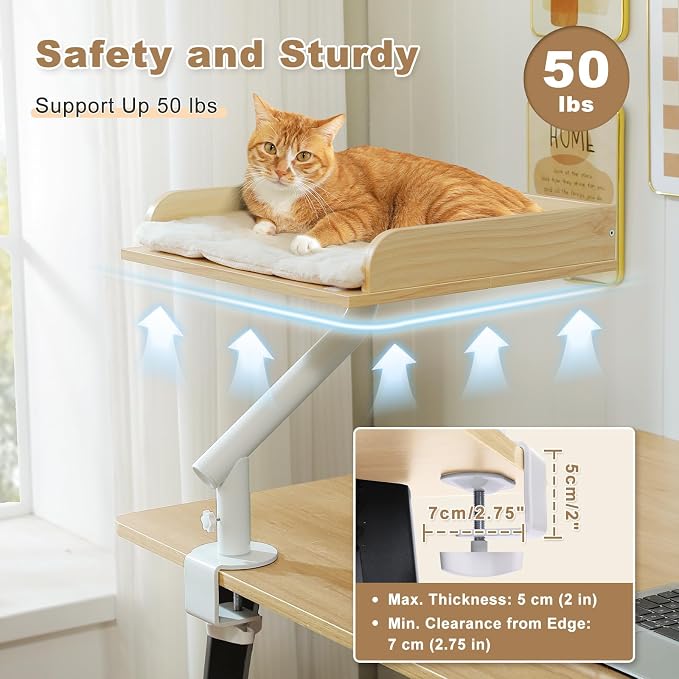 PAWZ Road Cat Desk Bed 360°Rotating Supports to 50 Lbs Cozy Nest for Desk | Wooden Desk Mount Cat Bed with Sturdy Clamp – Fits Desks & Tables, Padded Soft Nest for Cats, Holds Up to 50 lbs