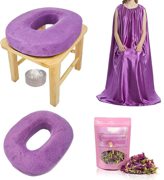 Yoni Seat Kit, Wooden Vaginial Steaming Stool Chair Set with Gown for Feminine Vaginal Postpartum Care,Irregular Period Treatment,Menopause Relief,Uterus Cleanser Detox for Women