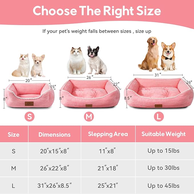 Zerbuger 20in Pink Rectangle Cat Dog Bed Machine Washable Sleeping Sofa | for Large Medium Small Pets Indoor Outdoor, Non-Slip Bottom Soft Puppy Bed Durable Orthopedic Calming Pet Cuddler