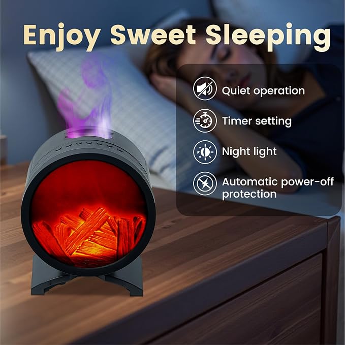 Round Fireplace Essential Oil Aromatherapy Diffuser with Speaker | 260ML Humidifier,Colorful Light,Realistic Flame Mist,Remote Control,Plug in,Timer Setting