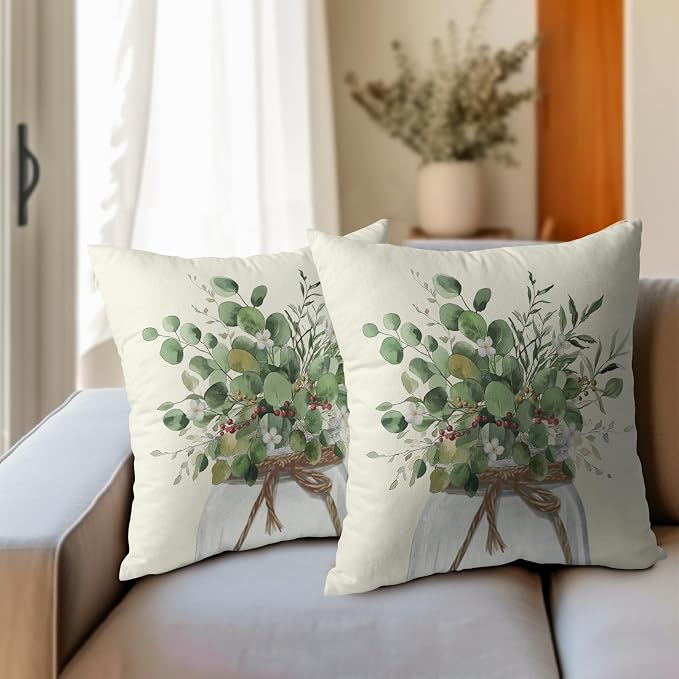Kawani Eucalyptus Throw Pillow Covers 16x16 Inch Set of 2 Spring Summer Watercolor Green Leaves Floral Mason Jar Pillowcase Cotton Linen Square Cushion Case for Couch Sofa Bed Home Decor