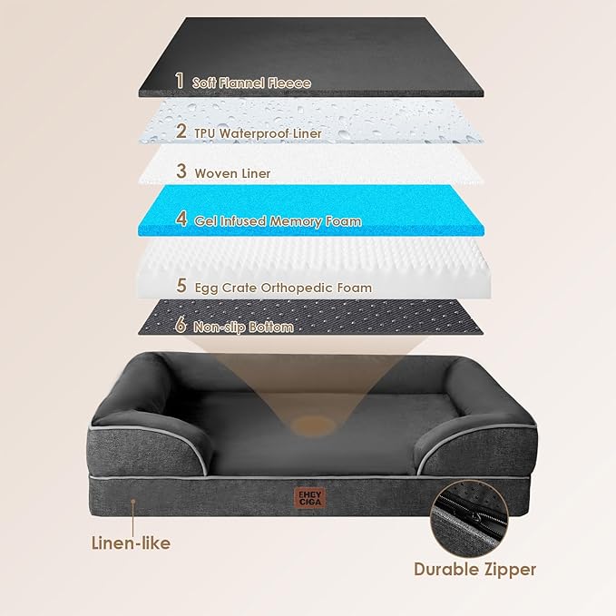 EHEYCIGA Orthopedic XXL Dog Bed, Waterproof Washable XL Big Pet Bed 52" | Non-Slip Bottom and Egg-Crate Memory Foam Extra Large Pet Couch Bed with Washable Removable Cover, Dark Grey