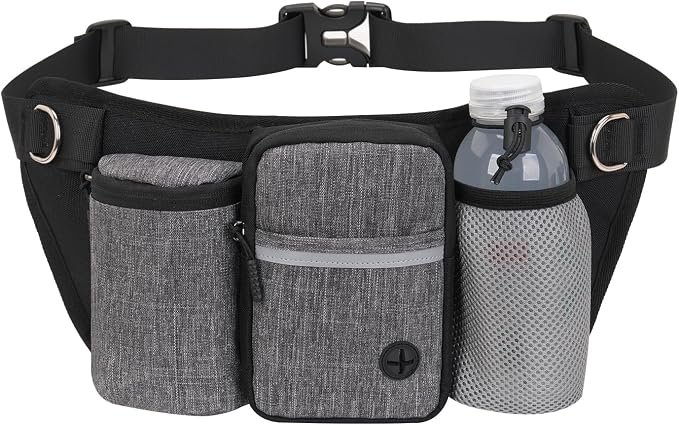 Dog Treat Pouch for Training – Hands-Free Waist Belt with Built-in Poop Bag Dispenser, Water Bottle Holder & Phone Pocket, Includes Reflective Bungee Leash (Gray)